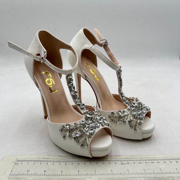 FSJ White Crystal T Strap High Heel Bridal Wedding Open Toe Rhinestones Sandals - Picture 4 of 8
